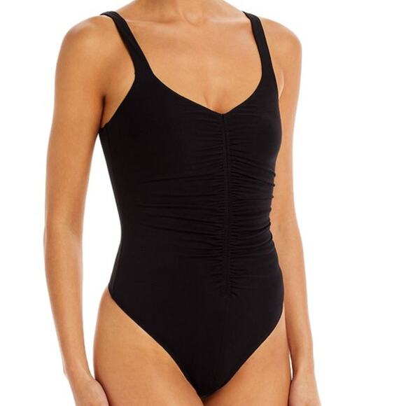 Good American Good Touch Thong Bodysuit Small Vneck Black Ruched Jersey Knit New - Picture 2 of 10